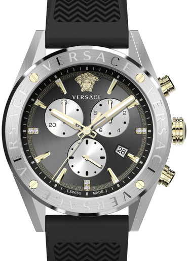 Versace Herren Armbanduhr V-Chrono 45 mm Chronograph, Datumsfenster Armband Silikon VEHB00819